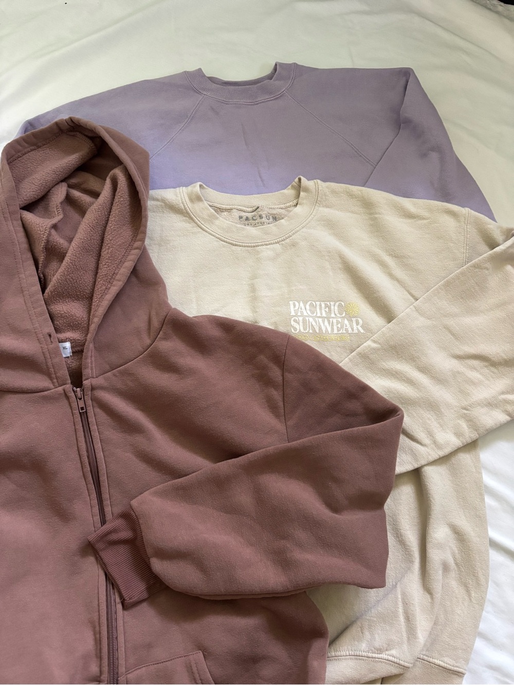 Pacific Sunwear Mauve Zip Hoodie, Lilac Crewneck & Cream Logo Sweatshirt